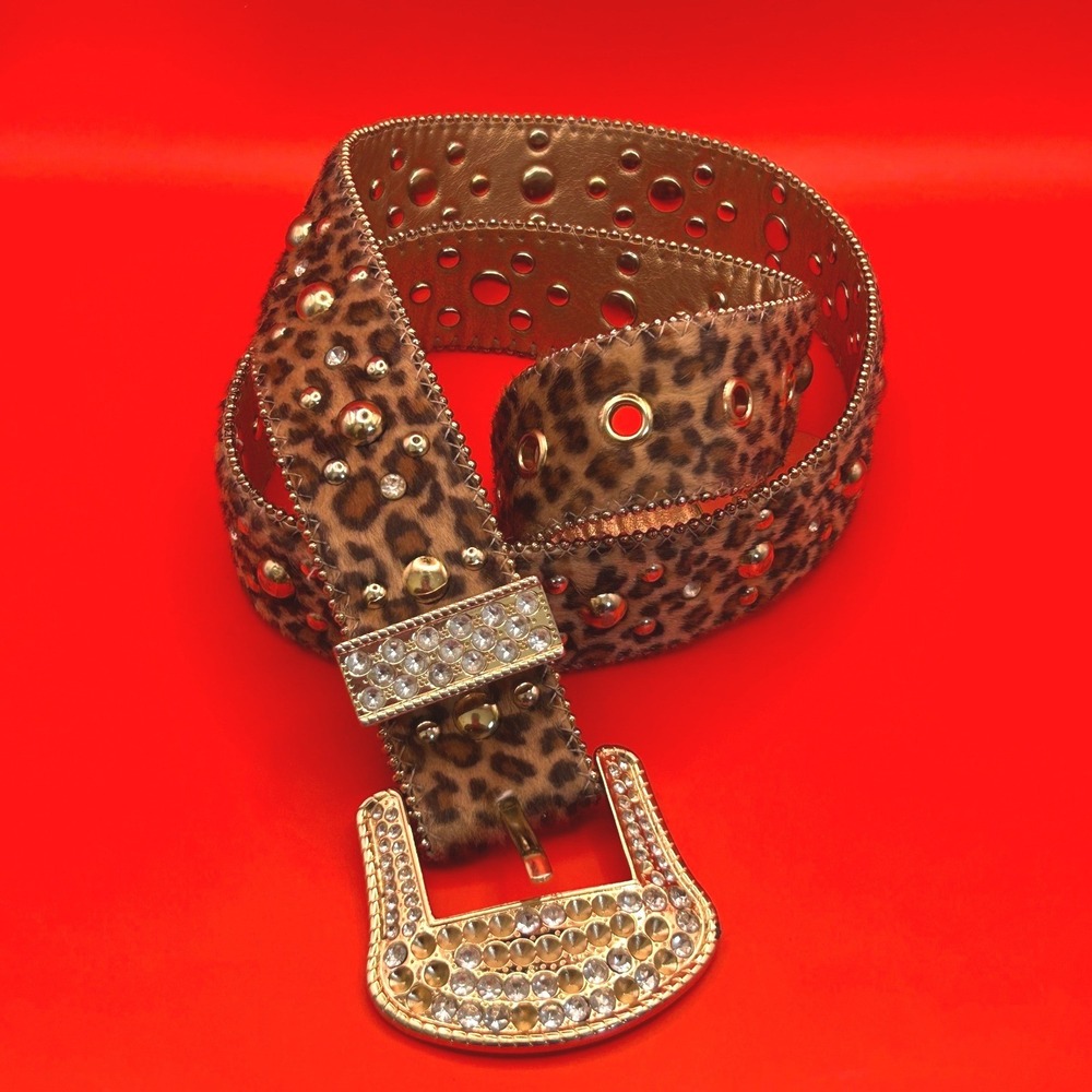 Y2K Leopard Print Calf Hair Rhinestone Studded Western Belt Gold Tone Buckle